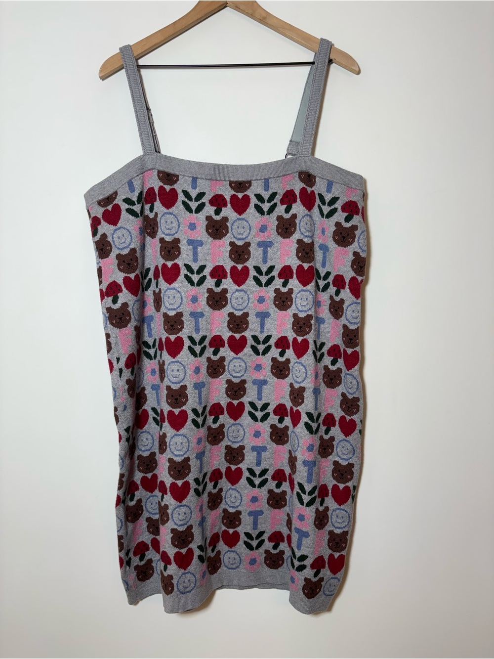 Teddy Fresh 2X Mini Dress Knit Bear Mushroom Heart Gray Whimsical Retro